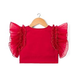 Babyhug Woven Frill Sleeves Embroidered Choli Lehenga Set with Dupatta Sequin & Lace Detailing - Red & Navy Blue