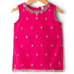 Babyhug Net Woven Sleeveless Choli Lehenga Set with Dupatta Sequin Embroidered Mirror Work - Fuchsia