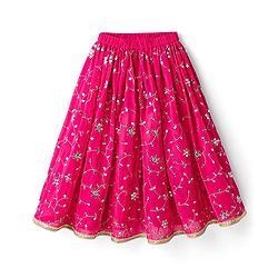 Babyhug Net Woven Sleeveless Choli Lehenga Set with Dupatta Sequin Embroidered Mirror Work - Fuchsia