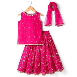 Babyhug Net Woven Sleeveless Choli Lehenga Set with Dupatta Sequin Embroidered Mirror Work - Fuchsia