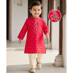 Babyhug Brocade Woven Full Sleeves Kurta Pajama Set with Floral Motif Print - Red