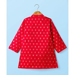 Babyhug Brocade Woven Full Sleeves Kurta Pajama Set with Floral Motif Print - Red