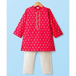 Babyhug Brocade Woven Full Sleeves Kurta Pajama Set with Floral Motif Print - Red