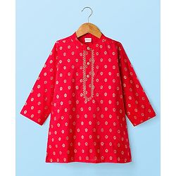 Babyhug Brocade Woven Full Sleeves Kurta Pajama Set with Floral Motif Print - Red