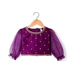 Babyhug Chanderi Woven Three Fourth Sleeves Choli Lehenga & Dupatta Set with Floral Embroidery - Purple