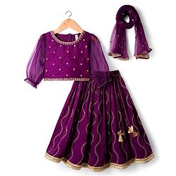 Babyhug Chanderi Woven Three Fourth Sleeves Choli Lehenga & Dupatta Set with Floral Embroidery - Purple
