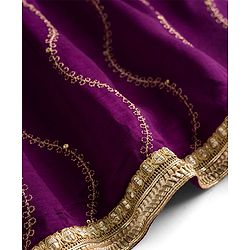 Babyhug Chanderi Woven Three Fourth Sleeves Choli Lehenga & Dupatta Set with Floral Embroidery - Purple