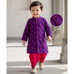 Babyhug Chanderi Woven Full Sleeves Kurta Pajama Set With Floral Embriodery - Purple