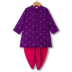 Babyhug Chanderi Woven Full Sleeves Kurta Pajama Set With Floral Embriodery - Purple