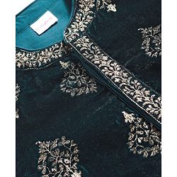 Babyhug Velvet Woven Full Sleeves Kurta Pyjama Set with Floral Embroidery - Dark Green