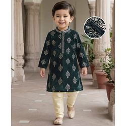 Babyhug Velvet Woven Full Sleeves Kurta Pyjama Set with Floral Embroidery - Dark Green