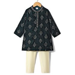 Babyhug Velvet Woven Full Sleeves Kurta Pyjama Set with Floral Embroidery - Dark Green