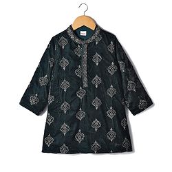 Babyhug Velvet Woven Full Sleeves Kurta Pyjama Set with Floral Embroidery - Dark Green
