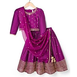 Babyhug Woven Three Fourth Sleeves Choli Lehenga & Dupatta Set With Floral Embroidery - Wine