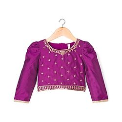 Babyhug Woven Three Fourth Sleeves Choli Lehenga & Dupatta Set With Floral Embroidery - Wine