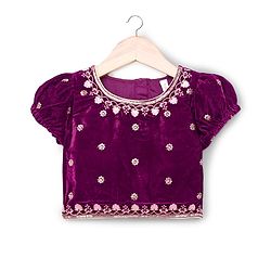 Babyhug Velvet Woven Short Sleeves Floral Embroidered  Choli Lahenga Set with Dupatta - Wine