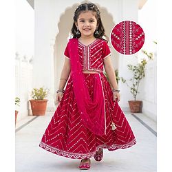 Babyhug Velvet Woven Half Sleeves Choli Lehenga Set with Dupatta & Embroidery - Dark Pink