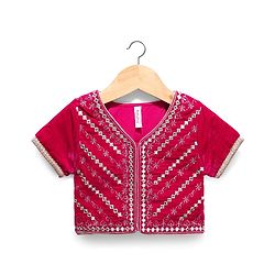 Babyhug Velvet Woven Half Sleeves Choli Lehenga Set with Dupatta & Embroidery - Dark Pink