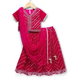 Babyhug Velvet Woven Half Sleeves Choli Lehenga Set with Dupatta & Embroidery - Dark Pink
