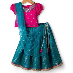Babyhug Brocade Woven Half Puffed Sleeves Choli Lehenga & Dupatta Set with Floral Embroidery - Pink & Teal Blue