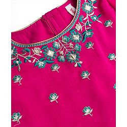 Babyhug Brocade Woven Half Puffed Sleeves Choli Lehenga & Dupatta Set with Floral Embroidery - Pink & Teal Blue