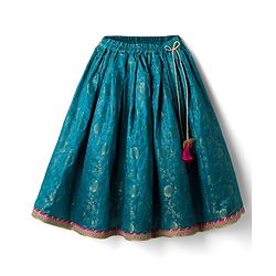 Babyhug Brocade Woven Half Puffed Sleeves Choli Lehenga & Dupatta Set with Floral Embroidery - Pink & Teal Blue