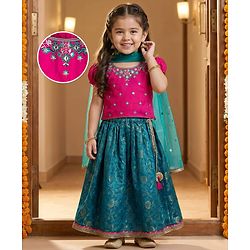 Babyhug Brocade Woven Half Puffed Sleeves Choli Lehenga & Dupatta Set with Floral Embroidery - Pink & Teal Blue