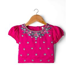 Babyhug Brocade Woven Half Puffed Sleeves Choli Lehenga & Dupatta Set with Floral Embroidery - Pink & Teal Blue