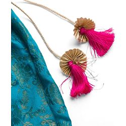 Babyhug Brocade Woven Half Puffed Sleeves Choli Lehenga & Dupatta Set with Floral Embroidery - Pink & Teal Blue