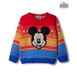 Babyhug Disney Woven Full Sleeves Pullover Sweater With Mickey Mouse Graphics - Multicolor