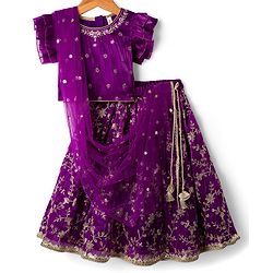 Babyhug Glass Nylon Woven Frill Sleeves Choli Lehenga & Dupatta Set with Floral Embroidery - Purple
