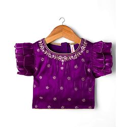 Babyhug Glass Nylon Woven Frill Sleeves Choli Lehenga & Dupatta Set with Floral Embroidery - Purple