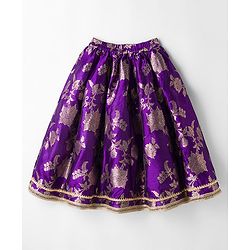 Babyhug Brocade Woven Half Puffed Sleeve Choli Lehenga & Dupatta with Floral Foil Design - Purple & Dark Pink