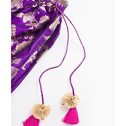 Babyhug Brocade Woven Half Puffed Sleeve Choli Lehenga & Dupatta with Floral Foil Design - Purple & Dark Pink