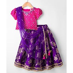 Babyhug Brocade Woven Half Puffed Sleeve Choli Lehenga & Dupatta with Floral Foil Design - Purple & Dark Pink