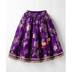Babyhug Brocade Woven Half Puffed Sleeve Choli Lehenga & Dupatta with Floral Foil Design - Purple & Dark Pink