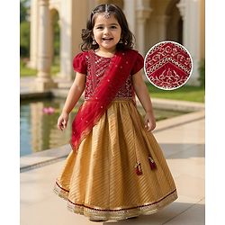 Babyhug Brocade Woven Puff Sleeves Choli Lehenga & Dupatta Set with Floral Embroidery - Red & Beige