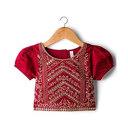 Babyhug Brocade Woven Puff Sleeves Choli Lehenga & Dupatta Set with Floral Embroidery - Red & Beige