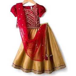 Babyhug Brocade Woven Puff Sleeves Choli Lehenga & Dupatta Set with Floral Embroidery - Red & Beige
