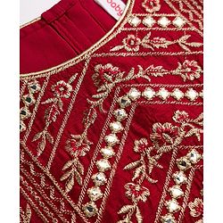 Babyhug Brocade Woven Puff Sleeves Choli Lehenga & Dupatta Set with Floral Embroidery - Red & Beige
