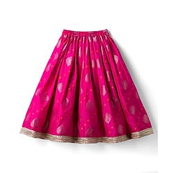 Babyhug Brocade Woven Cap Sleeves Choli Lehenga & Dupatta Set with Floral Foil Print - Hot Pink & Yellow