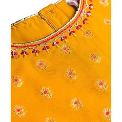 Babyhug Brocade Woven Cap Sleeves Choli Lehenga & Dupatta Set with Floral Foil Print - Hot Pink & Yellow