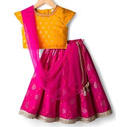 Babyhug Brocade Woven Cap Sleeves Choli Lehenga & Dupatta Set with Floral Foil Print - Hot Pink & Yellow