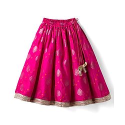 Babyhug Brocade Woven Cap Sleeves Choli Lehenga & Dupatta Set with Floral Foil Print - Hot Pink & Yellow