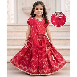 Babyhug Brocade Woven Puff Sleeves Choli Lehenga & Dupatta Set with Floral Foil Print - Red