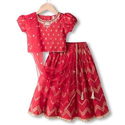 Babyhug Brocade Woven Puff Sleeves Choli Lehenga & Dupatta Set with Floral Foil Print - Red