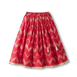 Babyhug Brocade Woven Puff Sleeves Choli Lehenga & Dupatta Set with Floral Foil Print - Red