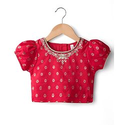 Babyhug Brocade Woven Puff Sleeves Choli Lehenga & Dupatta Set with Floral Foil Print - Red