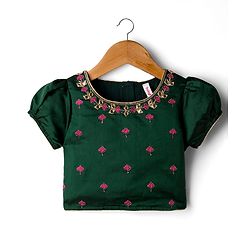 Babyhug Woven Half Puffed Sleeves Choli Lehenga & Dupatta Set with Floral Embroidery - Dark Green