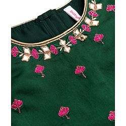 Babyhug Woven Half Puffed Sleeves Choli Lehenga & Dupatta Set with Floral Embroidery - Dark Green